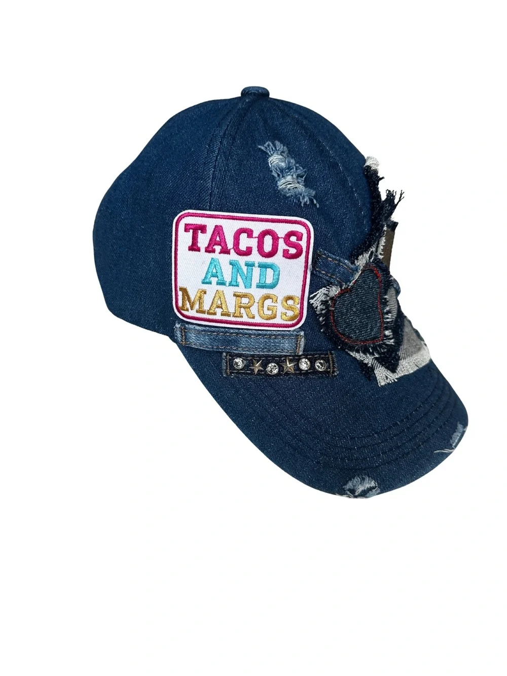 Upcycled Dark Denim Trucker Hat Tacos and Margs LV Patch
